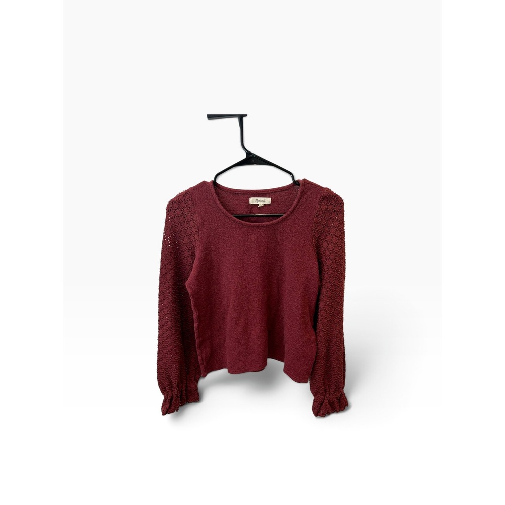 Madewell Burgundy Crochet Sleeve Ruffle Cuff Knit Top Sweater XXS Maroon